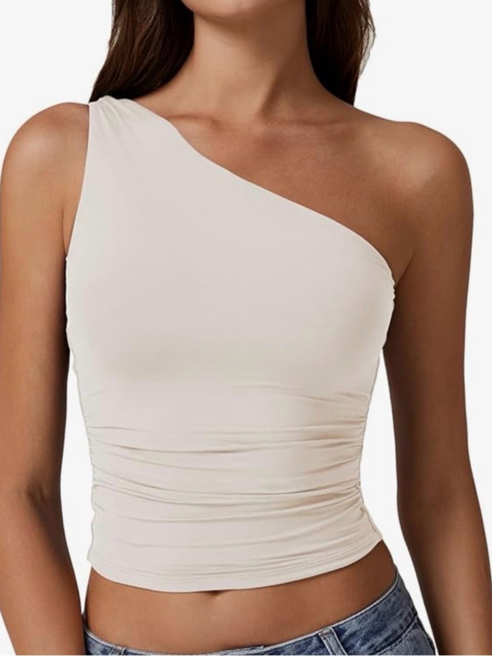 One-Shoulder Cream Ruched Tank Top Small White